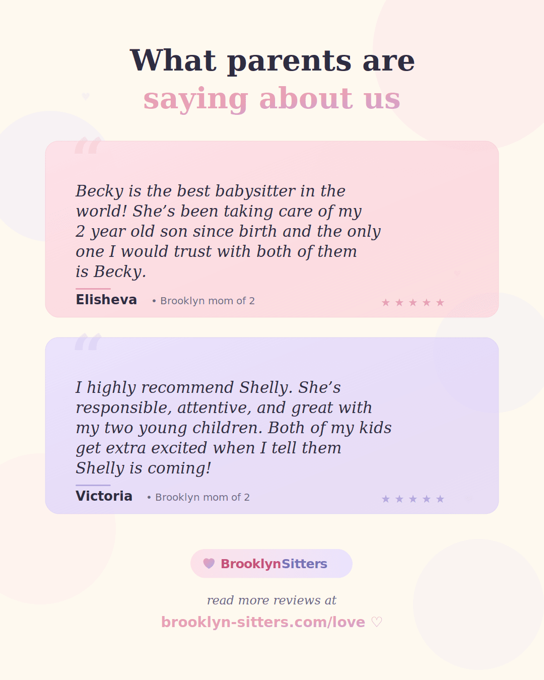Parent testimonials from Elisheva and Victoria about Becky and Shelly